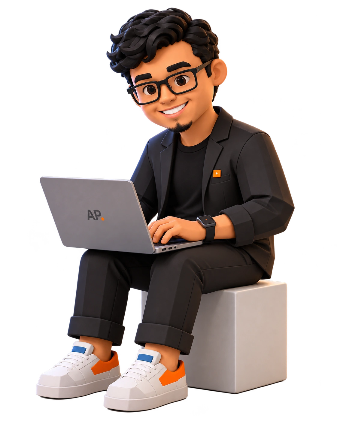 Personaje 3D de Alejandro Planas trabajando en una laptop